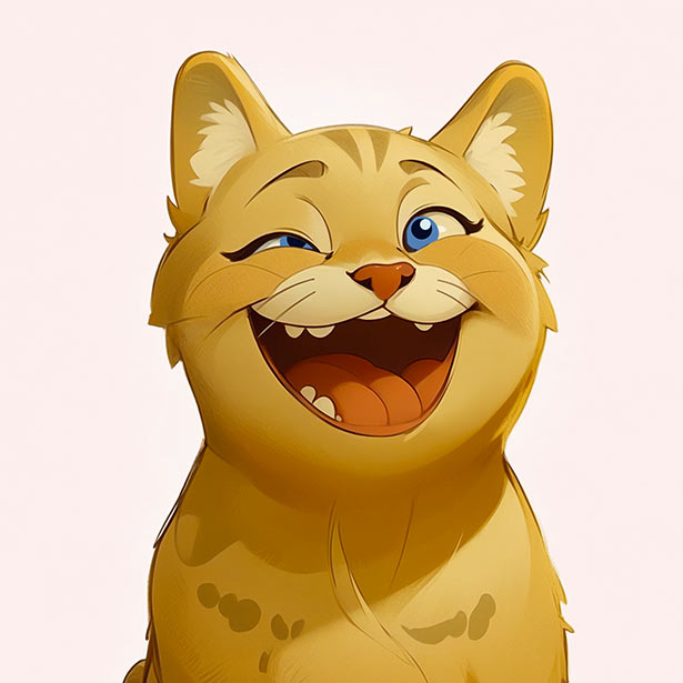 Yellow Cat with Blue Eyes Art: Laughing Joyfully